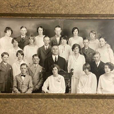 Pastor A. T. Tjornhom with Our Savior’s Lutheran Church, Hillsboro, ND, Confirmation Class - possibly in 1927