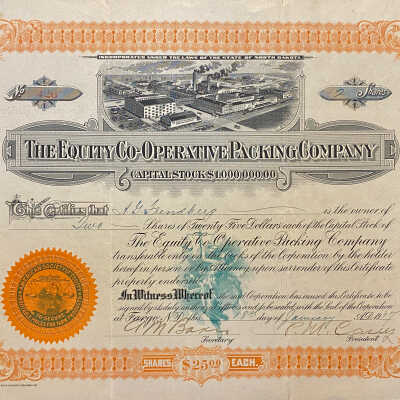 1917 Stock Certificate for The Equity Co-operative Packing Company - A.G. Frendberg Owner