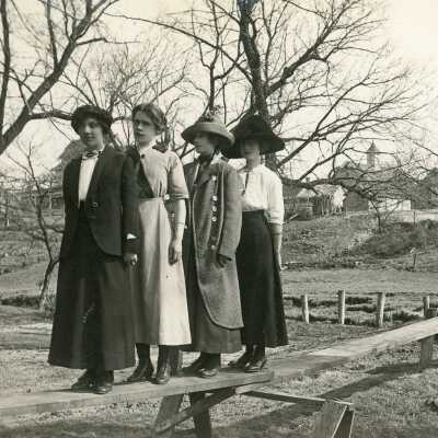 Ladies on Footbridge to Woodland Park
