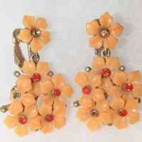 Mid-Century Floral Cluster Drop Earrings with Enamel Petals and Rhinestone Centers