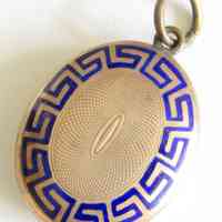 Victorian Child Portrait Locket Pendant with Blue Enamel Greek Key Border - Image 2