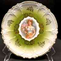 German Portrait Cabinet Plate with Art Nouveau Green Ground and Gilt Decoration