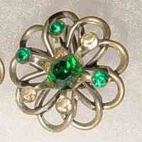 Mid-Century Openwork Floral Earrings with Green Rhinestones