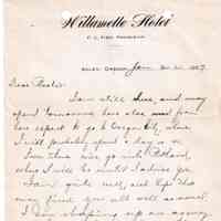 1909.1.22 Letter from the Willamette Hotel, Salem, Oregon – Travel Itinerary & Business Correspondence