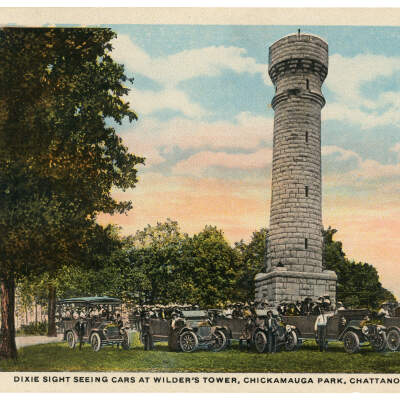 Postcard, Dixie Sight Seeing Cars at Wilder's Tower