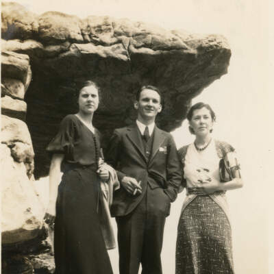 2022.098.002 Selection: Black and white photograph of two women and one man at Umbrella Rock