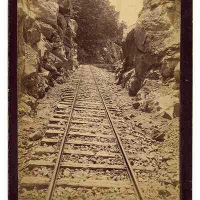2022.057.055: Black and white photograph showing the tracks of the Narrow Guage Rail Road
