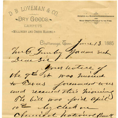 D. B. Loveman & Co. Letter, 1885