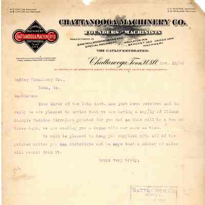 Letter, Chattanooga Machinery Company