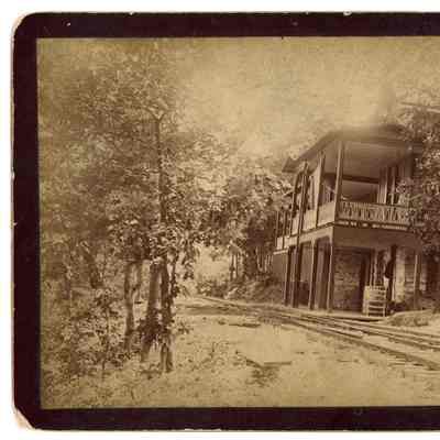 2022.057.059: Black and white photograph of the Sunset Station on the Narrow Guage Railroad on Lookout Mountain, Tennessee.