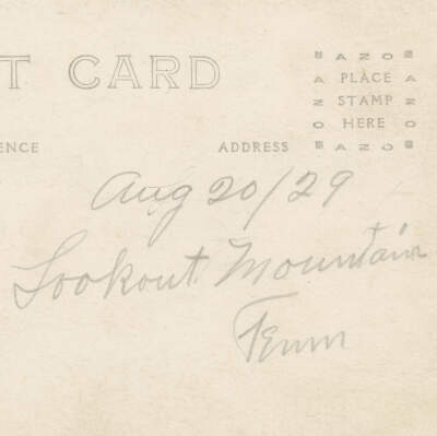 2022.035.002 Verso: The rear of the postcard, which reads "Aug 20/29 | Lookout Mountain | Tenn"