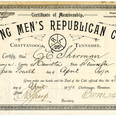 Young Men's Republican Club Certificate, C. E. Sherman, 1890