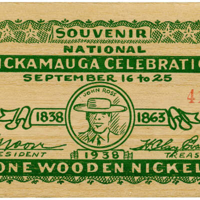 2020.124.001 G Recto: Wooden nickel depicting John Ross, created for the National Chickamauga Celebration