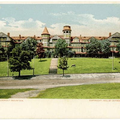 2020.494.003 Recto: Color tinted postcard of the Lookout Inn with the Narrow-gauge Railroad in the front and sheep grazing on the lawn
