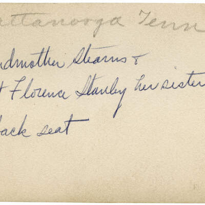 2020.331.001 Verso: Grandmother Stearns & Aunt Florence Stanley her sister in back seat"