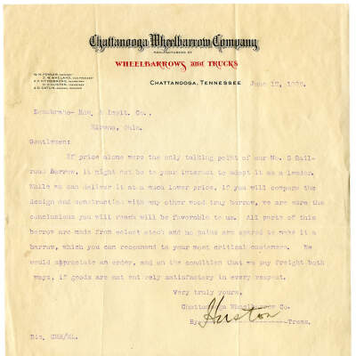 Chattanooga Wheelbarrow Company Letter