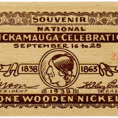 2020.124.001 E Recto: Wooden nickel from the National Chickamauga Celebration