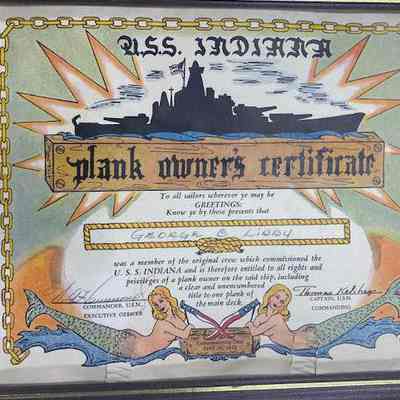 USS Indiana Plank Ownership Certificate for George C Libby