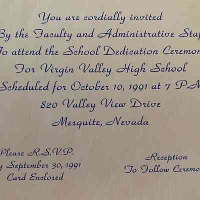 1991 Invitation to Dedication Ceremony of new Virgin Valley High School