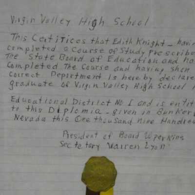 Virgin Valley High School Diploma 1920 (home made)