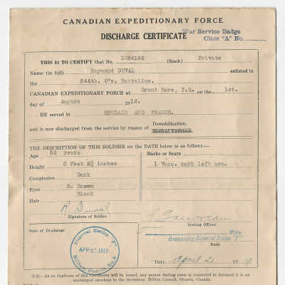 Discharge Certificate - Private Raymond Duval