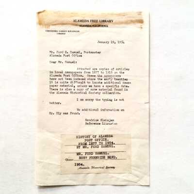 Letter to Postmaster Ford E. Samuel about Alameda Free Library, 1954