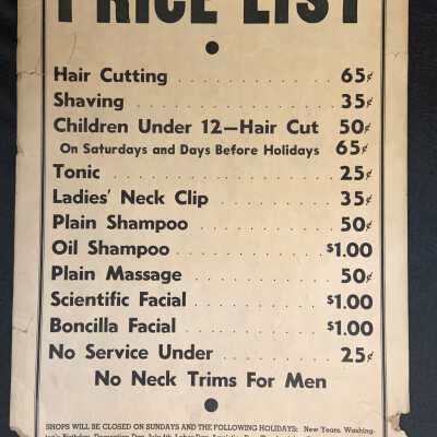 Printed price list from Frank's Barber Shop, 1970s