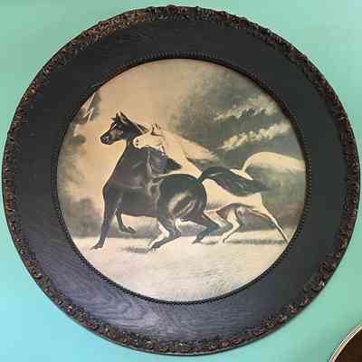 Framed lithographic print of horses, by L.M. Johnson, 1900