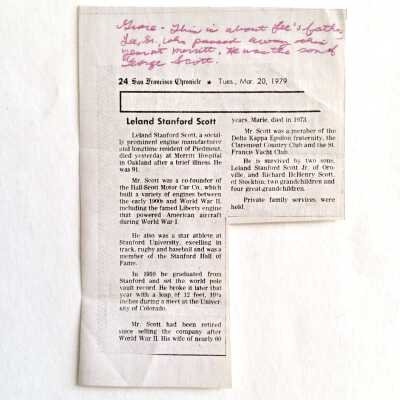 Clipping of Obituary of Leland Stanford Scott, 1979