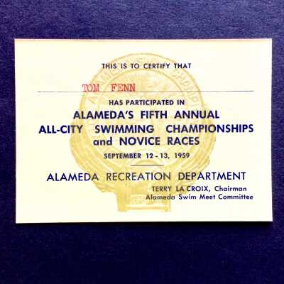 Recreation Department participation card for Tom Fenn for swimming, 1959