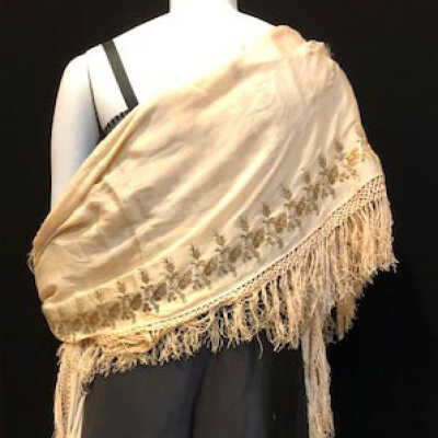 Pale peach silk shawl with gold metallic embroidery, early 1900s