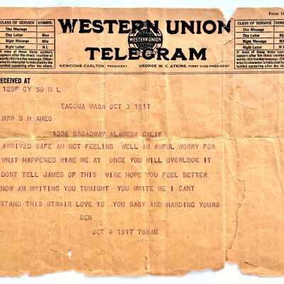 Telegram addressed to Mrs. Ames, 1326, from Ben, 1917