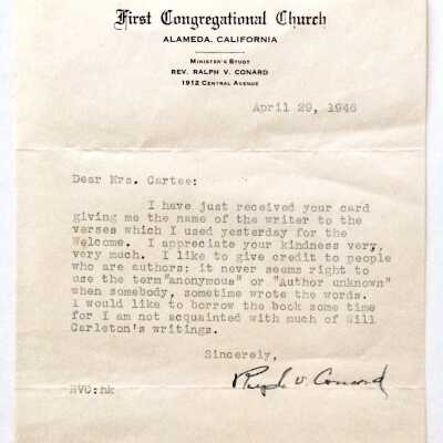 Letter from Rev. Ralph V. Conard, Pastor 1st Congregational Church, 1946
