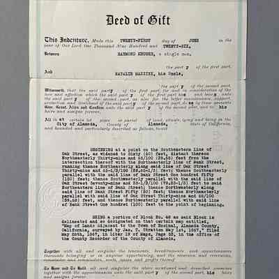 Deed of Gift of property on Oak Street, from Raymond Kruger to Natalie Mazzini, 1926