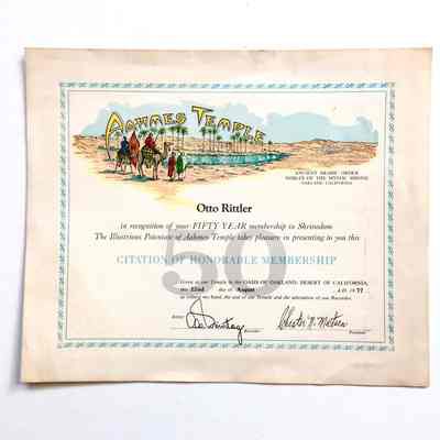 AAHMES Honorable Membership certificate presented to Otto Rittler, 1977