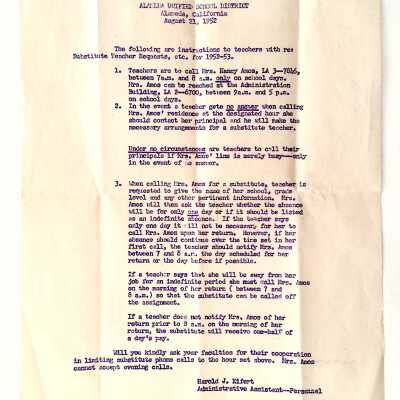AUSD instructions for substitute requests, 1952