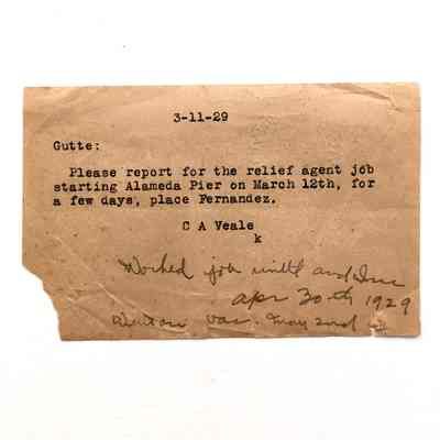 Notice of Jack Gutte to report for a job at Alameda Pier, 1929