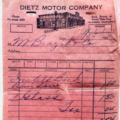 Receipt from the Dietz Motor Company, 1934