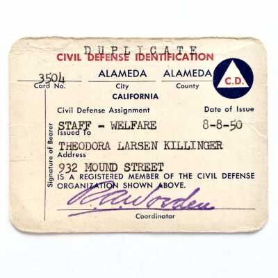 Civil Defense ID card issued to Theodora Larsen Killinger, 1950