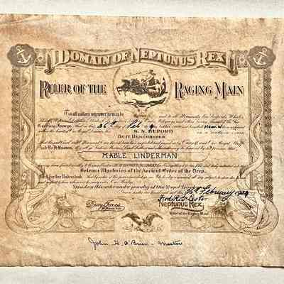 Certificate 'Domain of Neptunus Rex' awarded to Mabel Linderman, 1924