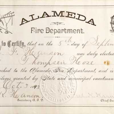 Certificate appointment John F. Hanson to Thompson Hose Company No. 1, 1893