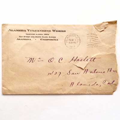Envelope from Alameda Vulcanizing Works, to Oliver C. Haslett, 1917