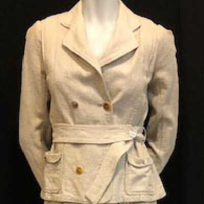 Unbleached linen walking suit with double breasted jacket, c. 1912
