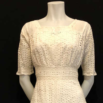 White embroidered cotton lawn eyelet with embroidered tunic, 1914