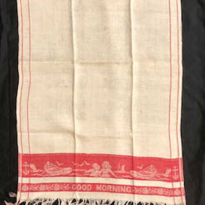 Red and white linen damask "Good Morning" guest towel, early 1900s