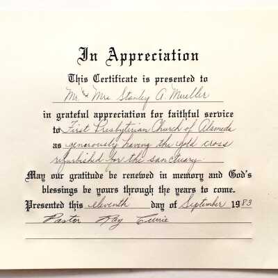 Certificate of Appriciation from the Presbyterian Church, 1983