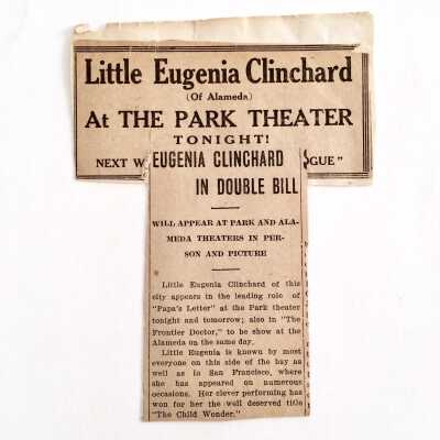Clipping about 'Little Eugenia Clinchard' at the Park Theater, early 1900s.