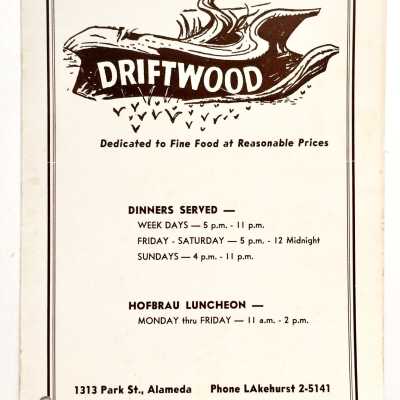 Menu of the Driftwood Restaurant, prior to 1970