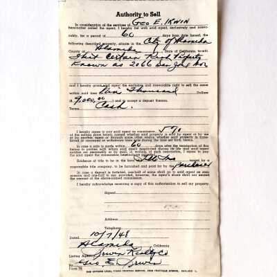 Authority to Sell form for 2066 San Jose Ave., 1948