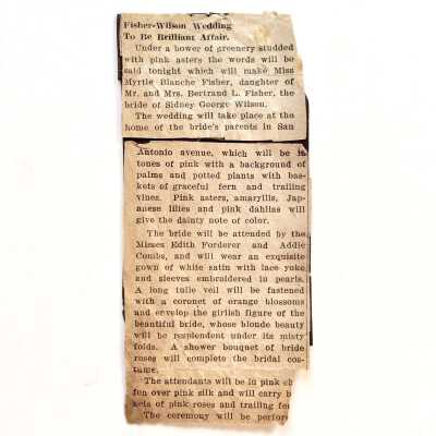 Clipping 'Fisher-Wilson Wedding', c. 1916